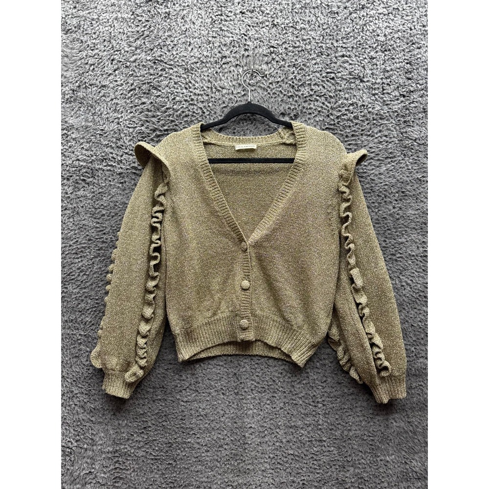 Ulla Johnson Myrna Ruffled Long Sleeve Cardigan Metallic‎ Gold Womens Size M